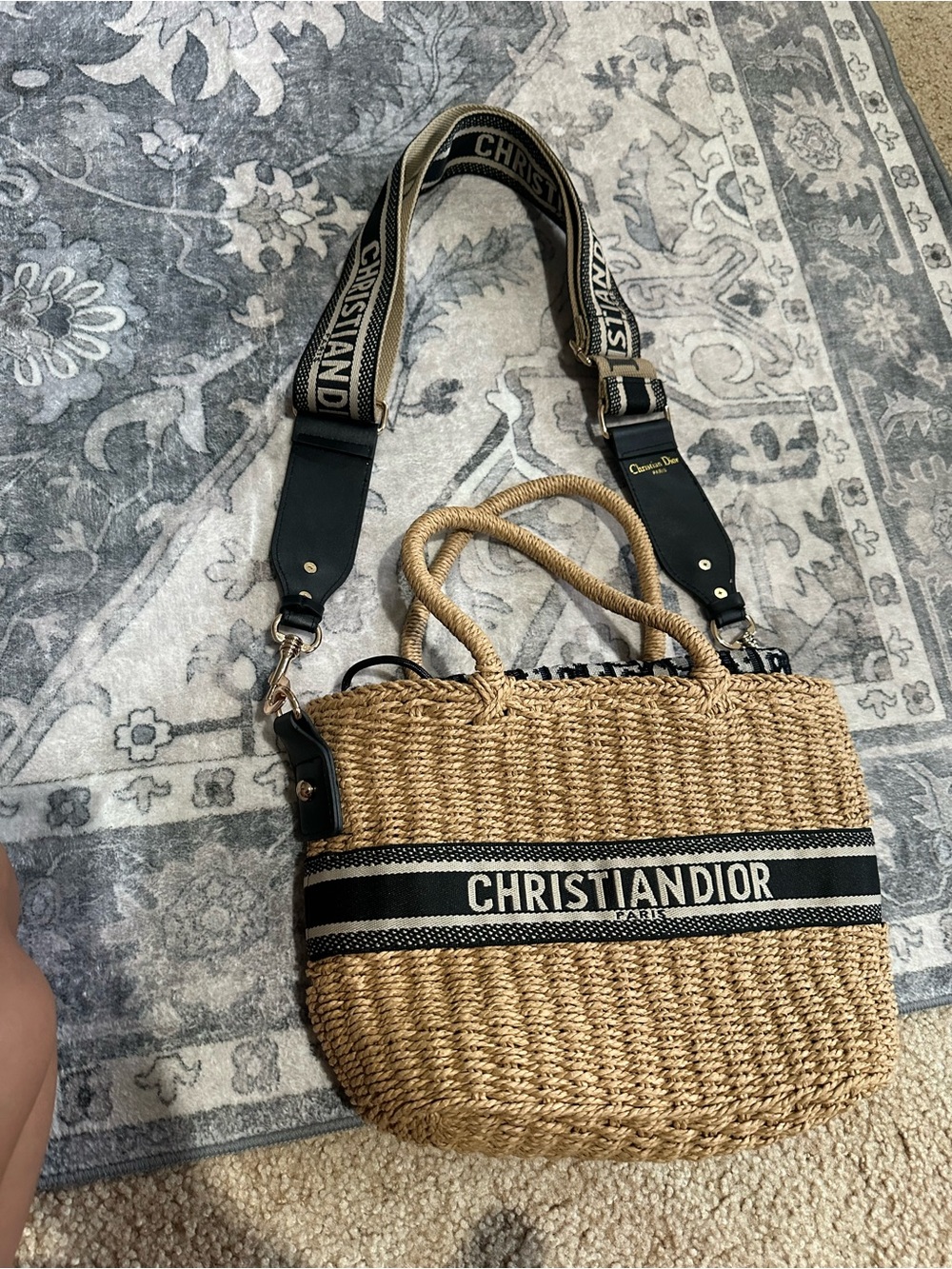 BRAND NEW! Dior Straw Christian Dior Tote with Black Trim and Strap